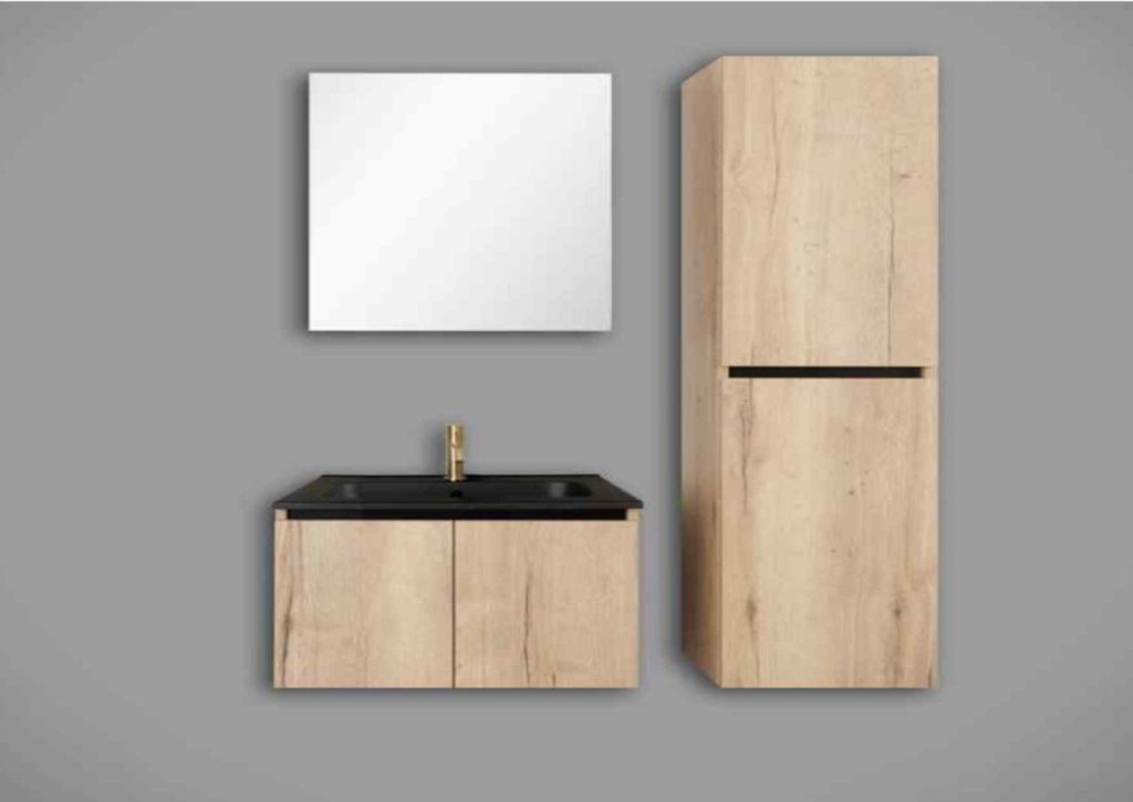 Meuble salle de bain bois naturel avec vasque noire